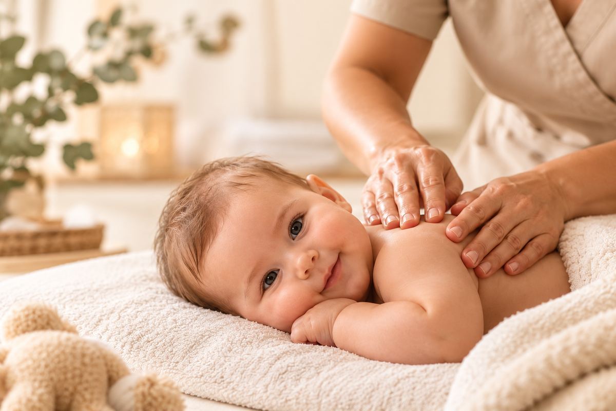 Massagem em bebés — toque suave e rítmico